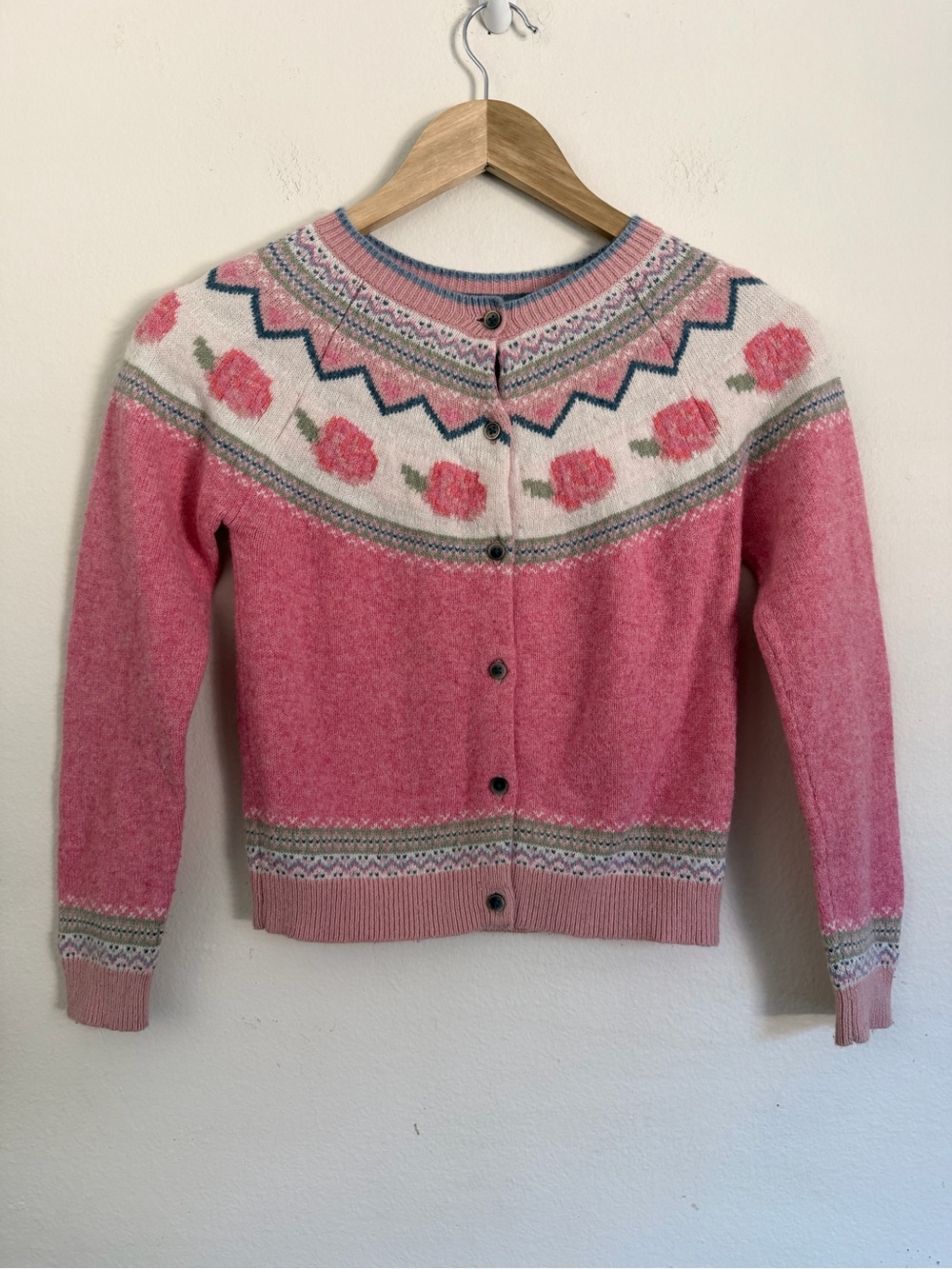 Mini Boden Size 9-10Y Pink Fair Isle Yoke Cardigan Rose Flowers Wool Cotton